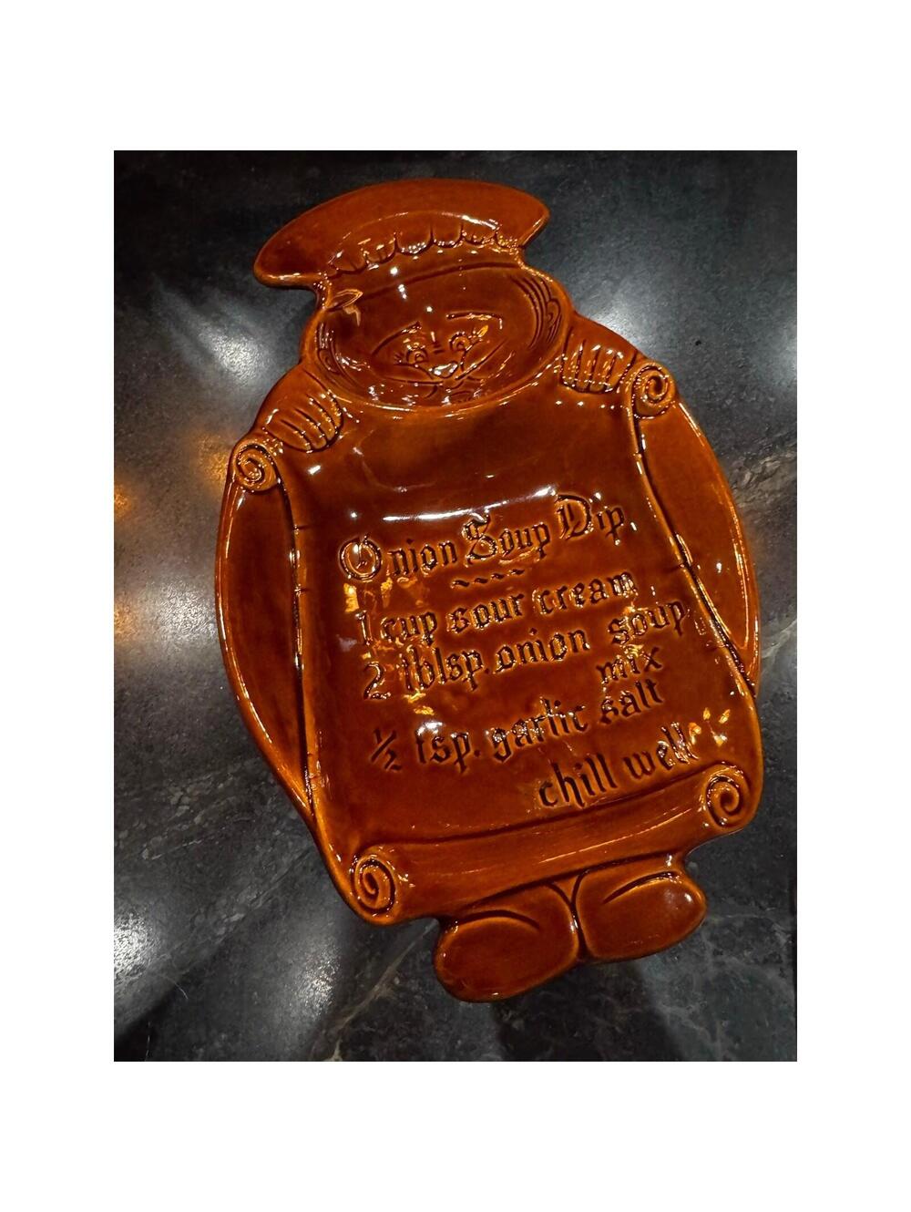 Vtg California Pottery Chef Chip Dip Platter Brown Glaze Onion Soup Recipe MCM